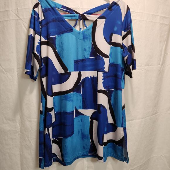 Pleats collection pings imports Womens L Abstract open back long top blue black - Picture 2 of 5